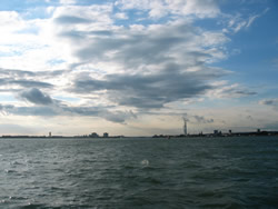 The sun seeing us off past the Isle of Wight, UK