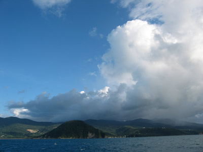 Which way round Guadeloupe? Er, under those clouds!